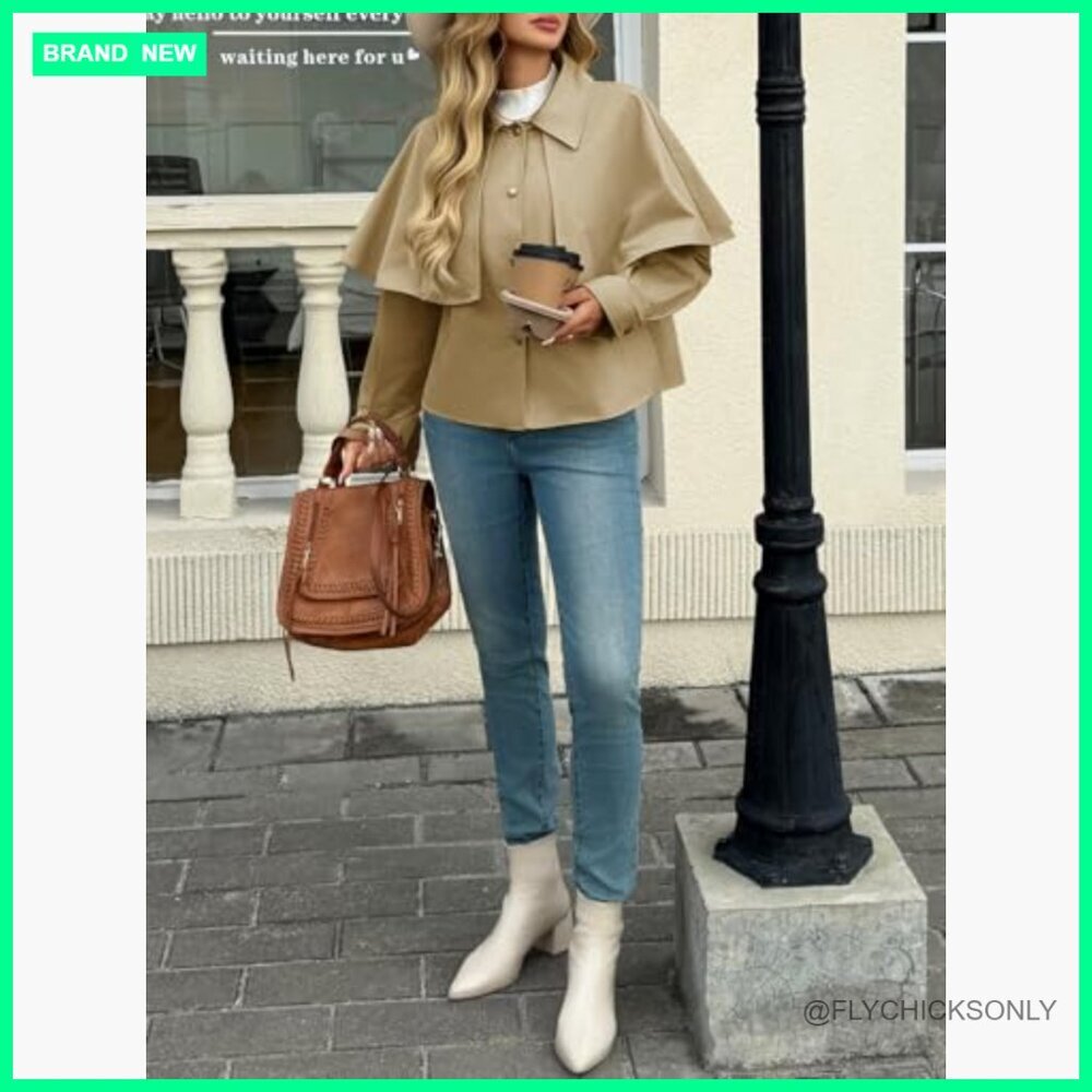 Polyester Cropped Trench Coat with Cape Sleeves and Button Closure - Picture 5 of 6